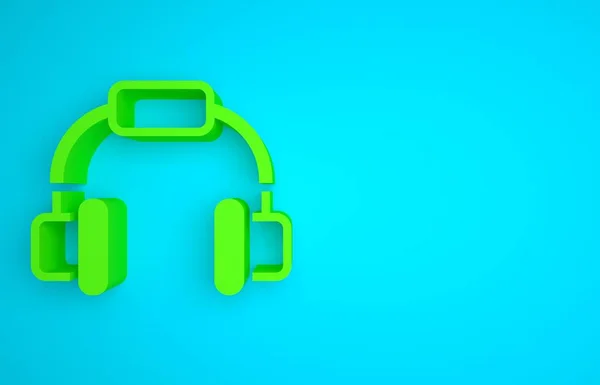 Green Headphones icon isolated on blue background. Earphones. Concept for listening to music, service, communication and operator. Minimalism concept. 3D render illustration.