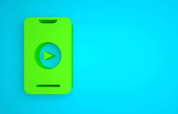 Green Online play video icon isolated on blue background. Smartphone and film strip with play sign. Minimalism concept. 3D render illustration.