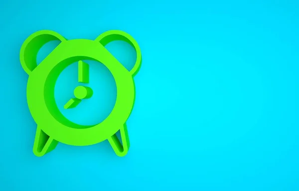 Green Alarm clock icon isolated on blue background. Wake up, get up concept. Time sign. Minimalism concept. 3D render illustration.