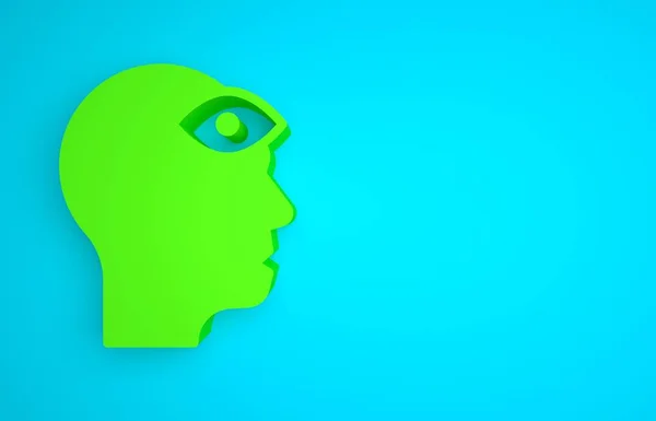 Green Man with third eye icon isolated on blue background. The concept of meditation, vision of energy, aura. Minimalism concept. 3D render illustration.
