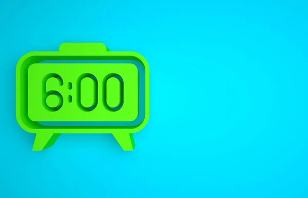 Green Digital alarm clock icon isolated on blue background. Electronic watch alarm clock. Time icon. Minimalism concept. 3D render illustration.