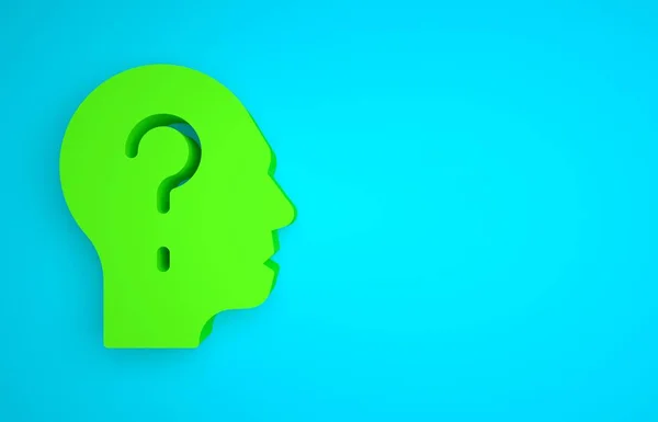 Green Human head with question mark icon isolated on blue background. Minimalism concept. 3D render illustration.