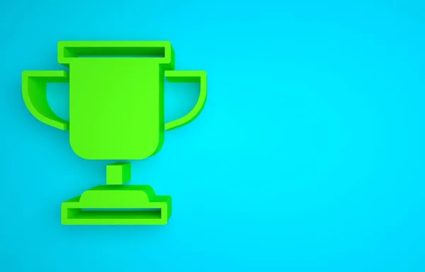 Green Award cup icon isolated on blue background. Winner trophy symbol. Championship or competition trophy. Sports achievement sign. Minimalism concept. 3D render illustration.