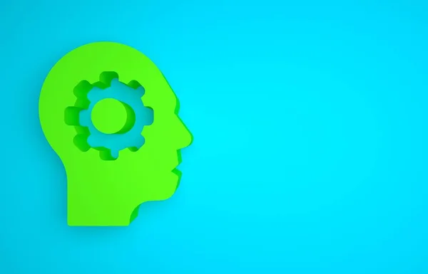 Green Human head with gear inside icon isolated on blue background. Artificial intelligence. Thinking brain. Symbol work of brain. Minimalism concept. 3D render illustration.
