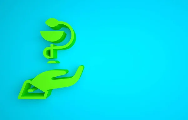 Green Caduceus snake medical symbol icon isolated on blue background. Medicine and health care. Emblem for drugstore or medicine, pharmacy. Minimalism concept. 3D render illustration.