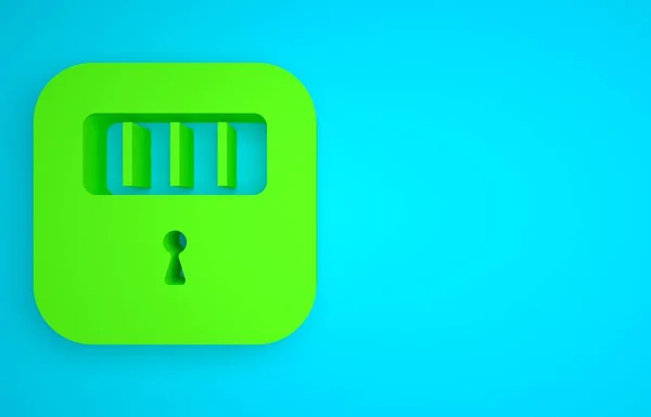Green Prison cell door with grill window icon isolated on blue background. Minimalism concept. 3D render illustration.
