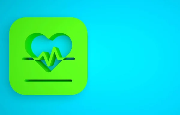 Green Heart rate icon isolated on blue background. Heartbeat sign. Heart pulse icon. Cardiogram icon. Minimalism concept. 3D render illustration.