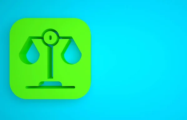 Green Scales of justice icon isolated on blue background. Court of law symbol. Balance scale sign. Minimalism concept. 3D render illustration.