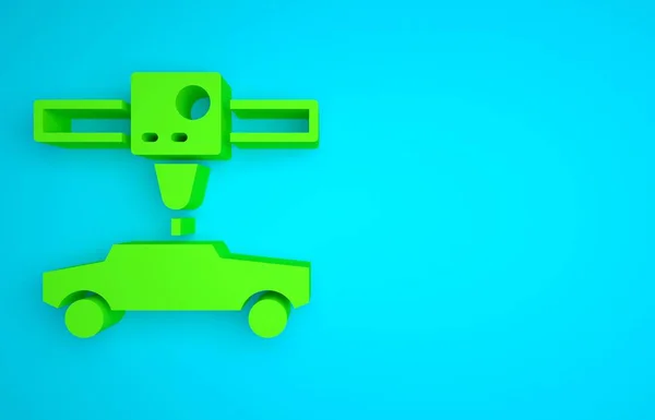 Green 3D printer car icon isolated on blue background. 3d printing. Minimalism concept. 3D render illustration.