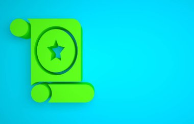 Green Magic scroll icon isolated on blue background. Decree, paper, parchment, scroll icon. Minimalism concept. 3D render illustration.