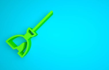 Green Witches broom icon isolated on blue background. Happy Halloween party. Minimalism concept. 3D render illustration.