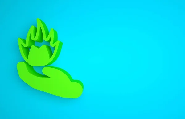 Green Hand holding a fire icon isolated on blue background. Minimalism concept. 3D render illustration.