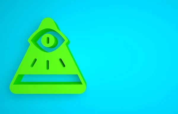 Green Masons symbol All-seeing eye of God icon isolated on blue background. The eye of Providence in the triangle. Minimalism concept. 3D render illustration.