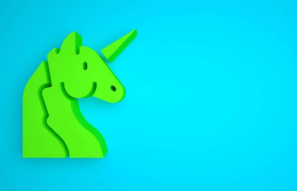 Green Unicorn icon isolated on blue background. Minimalism concept. 3D render illustration.
