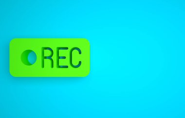 Green Record button icon isolated on blue background. Rec button. Minimalism concept. 3D render illustration.