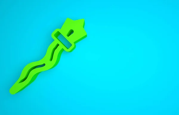 Green Magic staff icon isolated on blue background. Magic wand, scepter, stick, rod. Minimalism concept. 3D render illustration.