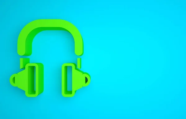 Green Headphones icon isolated on blue background. Earphones. Concept for listening to music, service, communication and operator. Minimalism concept. 3D render illustration.