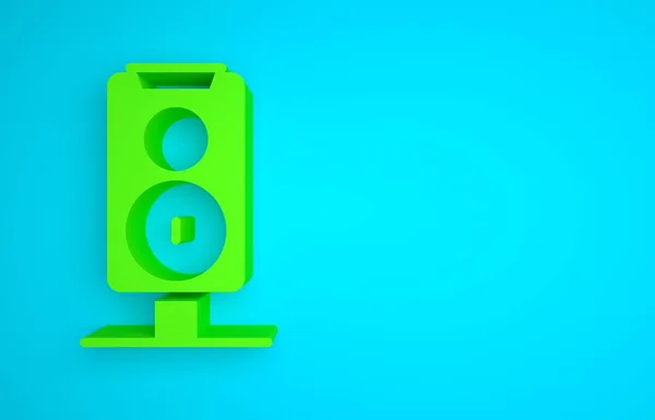 Green Stereo speaker icon isolated on blue background. Sound system speakers. Music icon. Musical column speaker bass equipment. Minimalism concept. 3D render illustration.