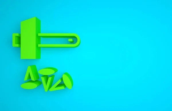 Green Crucifixion of Jesus Christ icon isolated on blue background. Hammer and old nails. Good Friday, Passion of Jesus Christ. Minimalism concept. 3D render illustration.