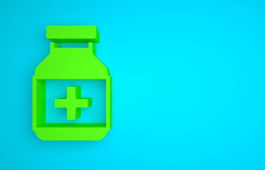 Green Medicine bottle and pills icon isolated on blue background. Bottle pill sign. Pharmacy design. Minimalism concept. 3D render illustration.