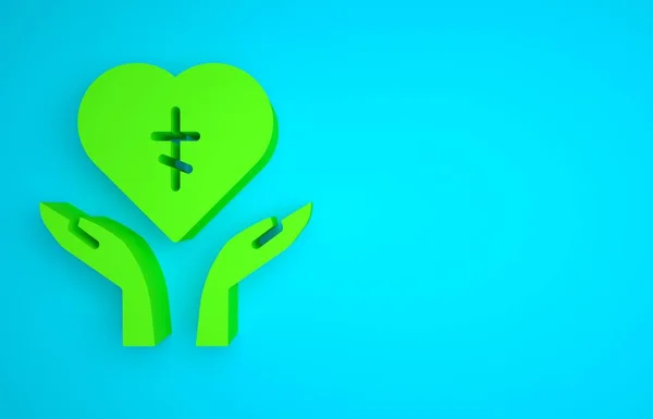 Green Religious cross in the heart inside icon isolated on blue background. Love of God, Catholic and Christian symbol. People pray. Minimalism concept. 3D render illustration.