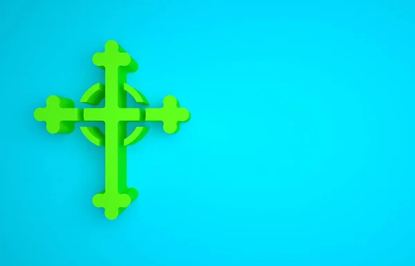 Green Christian cross icon isolated on blue background. Church cross. Minimalism concept. 3D render illustration.