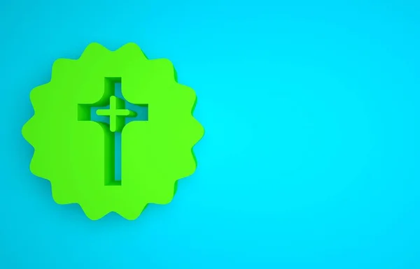 Green Christian cross icon isolated on blue background. Church cross. Minimalism concept. 3D render illustration.