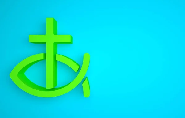 Green Christian fish symbol icon isolated on blue background. Jesus fish symbol. Minimalism concept. 3D render illustration.