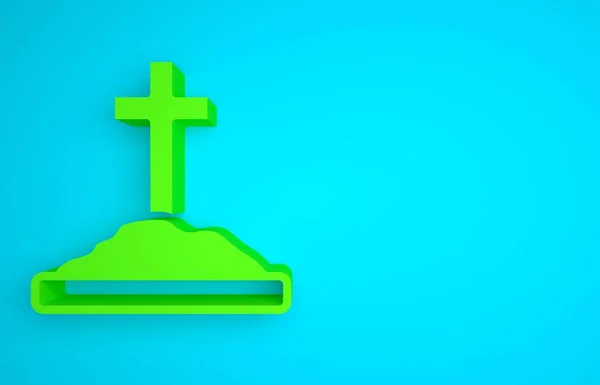Green Grave with cross icon isolated on blue background. Minimalism concept. 3D render illustration.