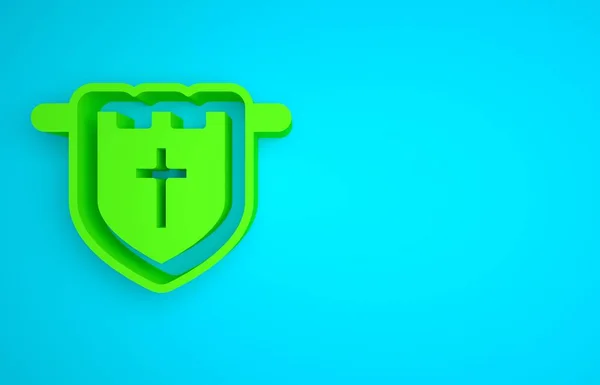 Green Flag with christian cross icon isolated on blue background. Minimalism concept. 3D render illustration.