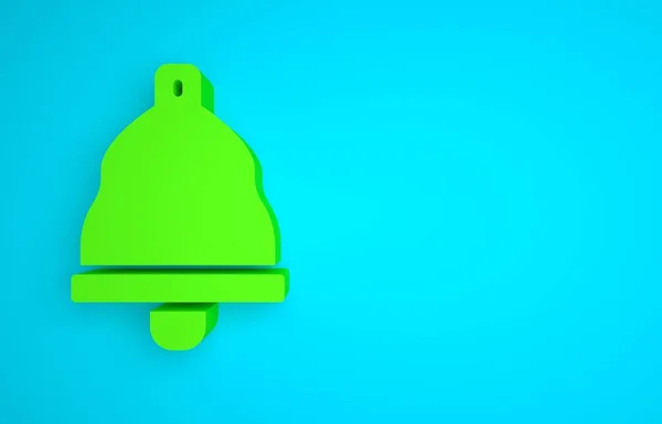 Green Church bell icon isolated on blue background. Alarm symbol, service bell, handbell sign, notification symbol. Minimalism concept. 3D render illustration.