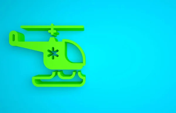Green Rescue helicopter icon isolated on blue background. Ambulance helicopter. Minimalism concept. 3D render illustration.