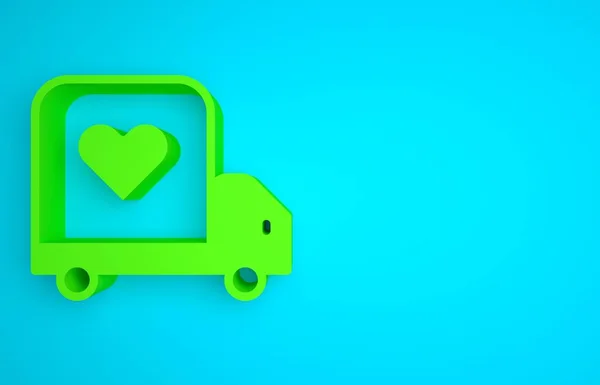 Green Delivery truck with heart icon isolated on blue background. Love delivery truck. Love truck valentines day. Minimalism concept. 3D render illustration.