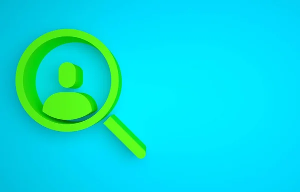 Green Magnifying glass for search a people icon isolated on blue background. Recruitment or selection concept. Search for employees and job. Minimalism concept. 3D render illustration.