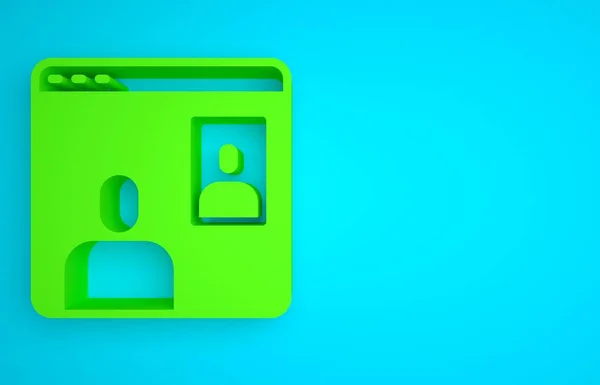 Green Video chat conference icon isolated on blue background. Computer with video chat interface active session on screen. Minimalism concept. 3D render illustration.