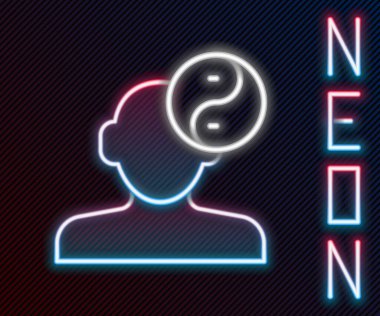 Parlak neon çizgisi Yin Yang siyah arkaplanda izole edilmiş uyum ve denge simgesi. Renkli taslak konsepti. Vektör