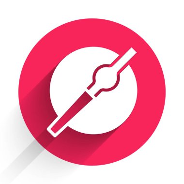 White Cigarette icon isolated with long shadow background. Tobacco sign. Smoking symbol. Red circle button. Vector