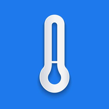 Kağıt kesiği Meteoroloji termometresi mavi arkaplanda izole edilmiş ikon ölçümü. Termometre termometresi sıcak ya da soğuk hava gösteriyor. Kağıt sanatı tarzı. Vektör