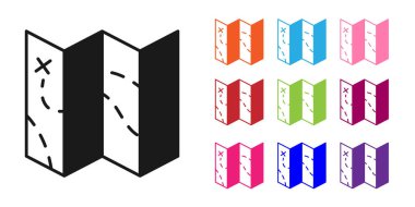 Beyaz arkaplanda siyah katlanmış harita simgesi izole edildi. Simgeleri renklendirin. Vektör