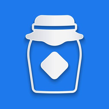 Kağıt kesiği, mavi arkaplanda izole edilmiş bal ikonu kavanozu. Yiyecek bankası. Tatlı doğal gıda sembolü. Kağıt sanatı tarzı. Vektör