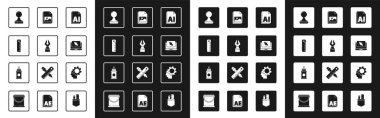 Set AI file document, Fountain pen nib, Ruler, Stamp, Laptop and cursor, Picture landscape, Human head with gear inside and Paint spray can icon. Vector