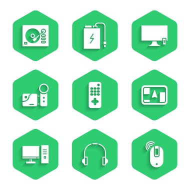 Set Remote control, Headphones, Wireless computer mouse, Gps device with map, Computer monitor, Cinema camera, Smart Tv and Vinyl player icon. Vector