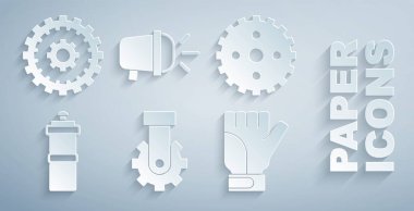 Set Derailleur bicycle rear, Bicycle sprocket crank, Sport bottle with water, Gloves, head lamp and cassette icon. Vector