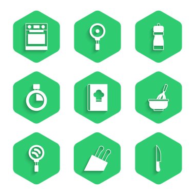 Set Cookbook, Knife, Kitchen whisk with bowl, Frying pan, Stopwatch, Pepper and Oven icon. Vector