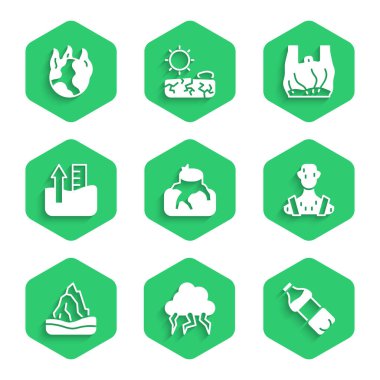 Set Deforestation, Storm, Bottle of water, High human body temperature, Iceberg, Rise in level, Say no plastic bags poster and Global warming fire icon. Vector