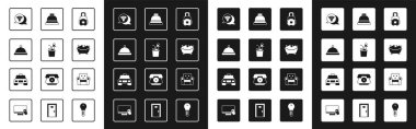 Set Suitcase, Bottle of champagne, Covered with tray food, Wi-Fi wireless internet, Bathtub, Hotel service bell, Armchair and Taxi car icon. Vector