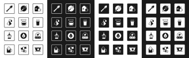 Set Cup of tea with milk, Teapot, bag, Teaspoon, Cigarette, leaf and French press icon. Vector