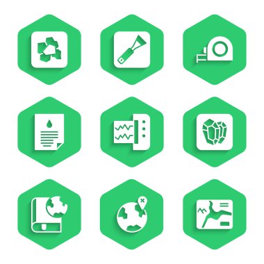 Set Seismograph, Location on the globe, Topographic map, Gem stone, Earth and book, Oil drop document, Roulette construction and Gold nugget icon. Vector