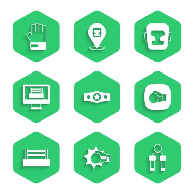 Set Boxing belt, Punch boxing glove, Jump rope, ring, helmet and MMA icon. Vector