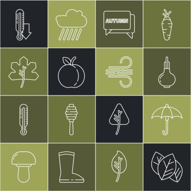 Set line Leaf or leaves, Umbrella, Onion, Speech bubble with text autumn, Peach fruit, Meteorology thermometer and Wind icon. Vector